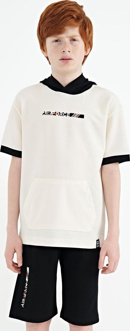 Ekru - Siyah Kanguru Cepli Kapüşonlu Nakış Detaylı Oversize Erkek Çocuk Şort Takım - 11136