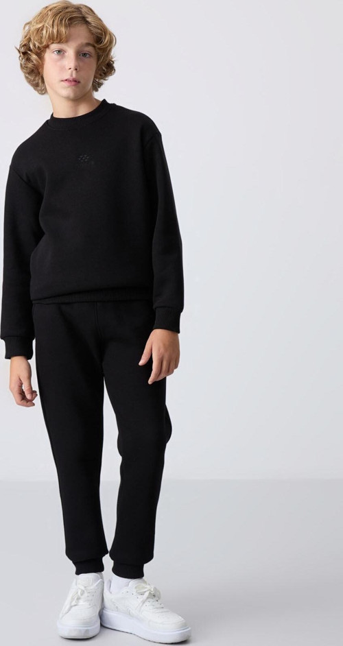 Siyah Pamuklu Kalın İçi Tüylü Yumuşak Dokulu Standart Fit Nakışlı Erkek Çocuk Eşofman Takım - 11249