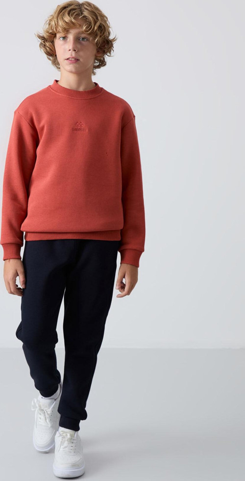 Kiremit-Lacivert Pamuklu Kalın İçi Tüylü Yumuşak Dokulu Standart Fit Nakışlı Erkek Çocuk Eşofman Tak