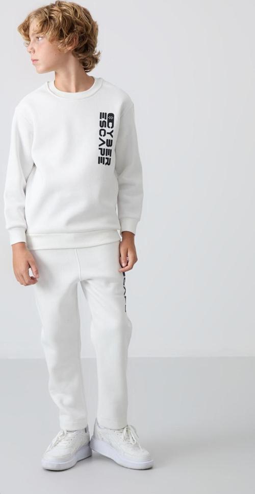 Ekru Pamuklu Kalın İçi Tüylü Yumuşak Dokulu Standart Fit Baskılı Erkek Çocuk Eşofman Takım - 11233