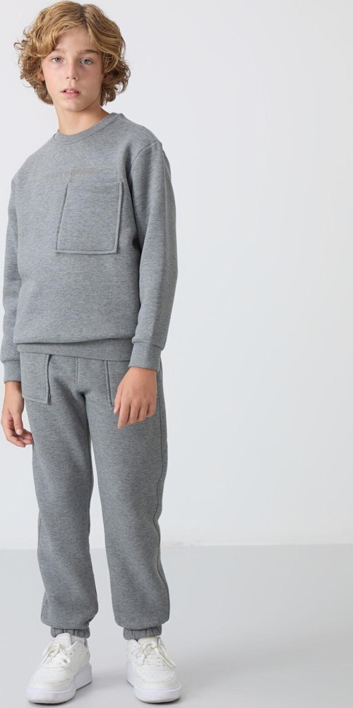 Gri Melanj Pamuklu Kalın İçi Tüylü Yumuşak Dokulu Standart Fit Baskılı Erkek Çocuk Eşofman Takım - 1