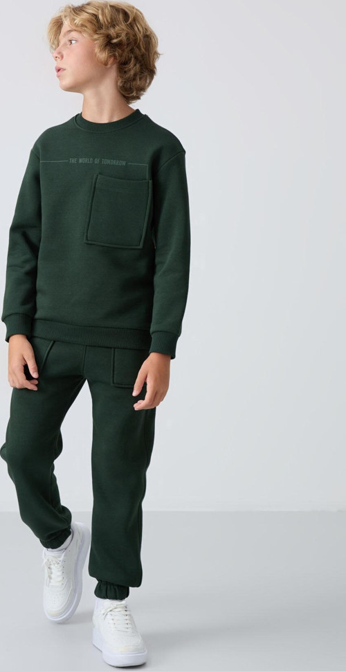 Çam Yeşil Pamuklu Kalın İçi Tüylü Yumuşak Dokulu Standart Fit Baskılı Erkek Çocuk Eşofman Takım - 11