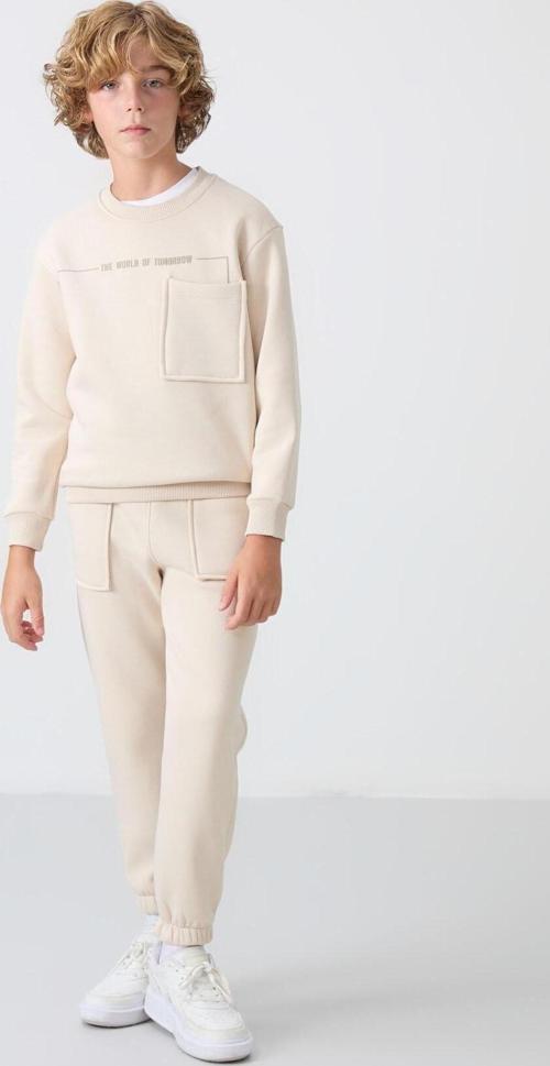 Bej Pamuklu Kalın İçi Tüylü Yumuşak Dokulu Standart Fit Baskılı Erkek Çocuk Eşofman Takım - 11257