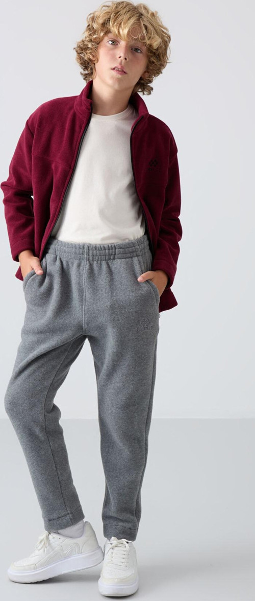 Gri Melanj Kalın Yumuşak Dokulu Standart Fit Nakışlı Polar Erkek Çocuk Eşofman Alt - 11219