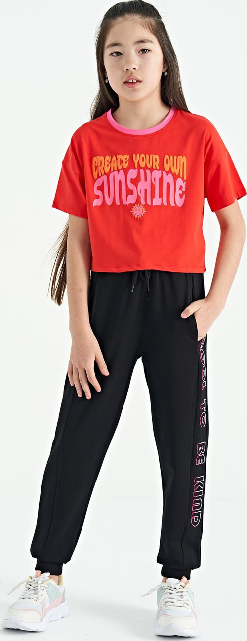 Siyah Yan Yazı Nakışlı Bağcıklı Standart Kalıp Jogger Kız Çocuk Eşofman Alt - 75123