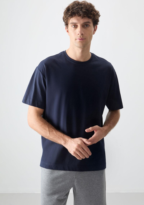 Lacivert %100 Pamuk Kalın Yumuşak Dokulu Oversize Fit Basic Erkek T-Shirt - 88353