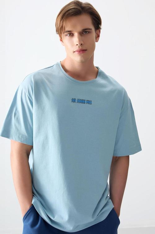Açık Mavi %100 Pamuk Kalın Yumuşak Dokulu Oversize Fit Baskılı Erkek T-Shirt - 88354