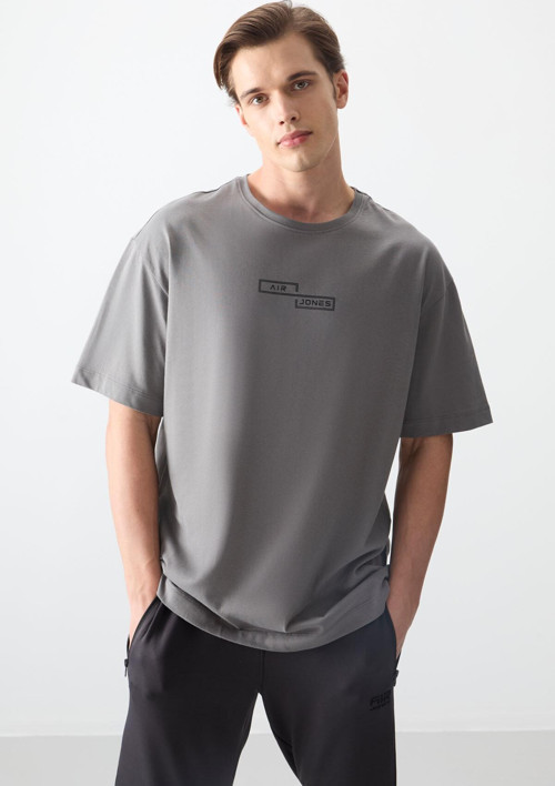 Koyu Gri %100 Pamuk Kalın Yumuşak Dokulu Oversize Fit Baskılı Erkek T-Shirt - 88361