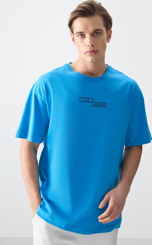 Petrol Mavi %100 Pamuk Kalın Yumuşak Dokulu Oversize Fit Baskılı Erkek T-Shirt - 88361