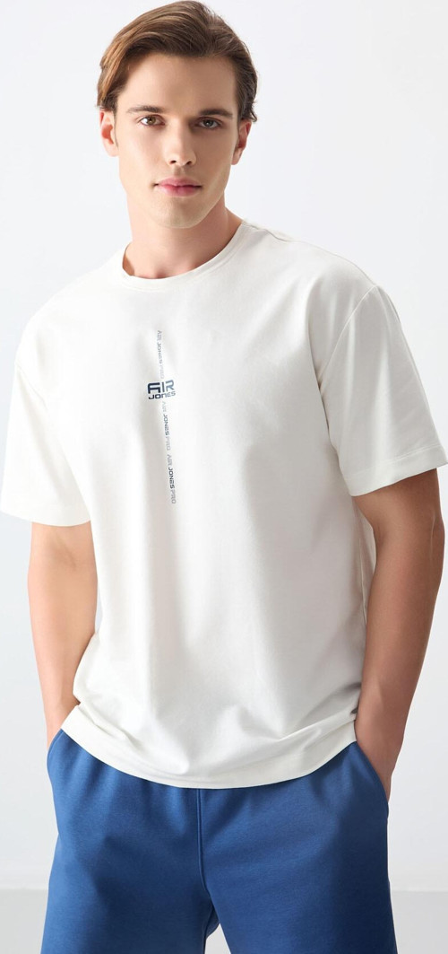 Ekru Pamuklu Kalın Yumuşak Dokulu Oversize Fit Baskılı Erkek T-Shirt - 88373