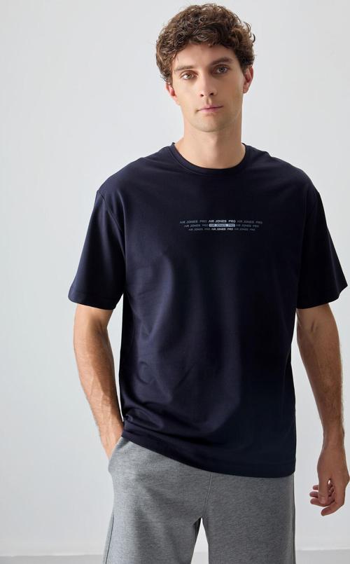 Lacivert Pamuklu Kalın Yumuşak Dokulu Oversize Fit Baskılı Erkek T-Shirt - 88374