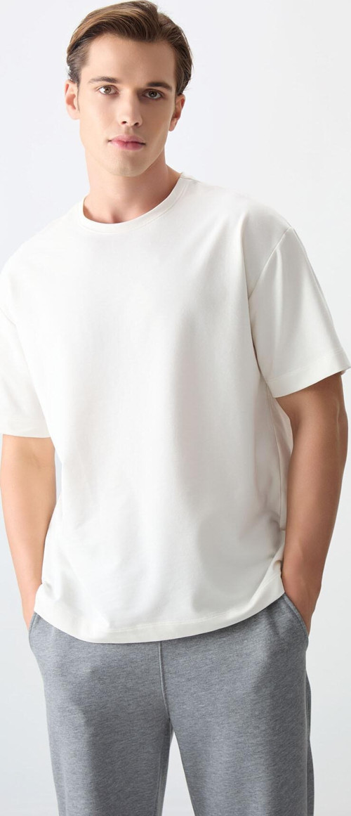 Ekru Pamuklu Kalın Yumuşak Dokulu Oversize Fit Basic Erkek T-Shirt - 88377