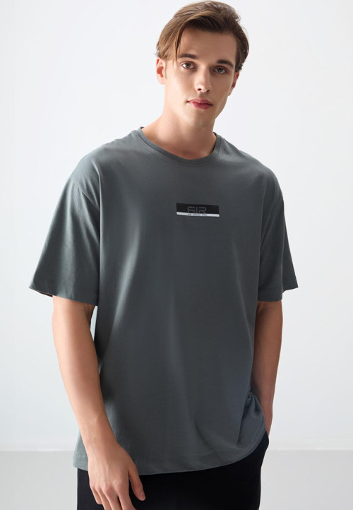 Haki %100 Pamuk Kalın Yumuşak Dokulu Oversize Fit Baskılı Erkek T-Shirt - 88359