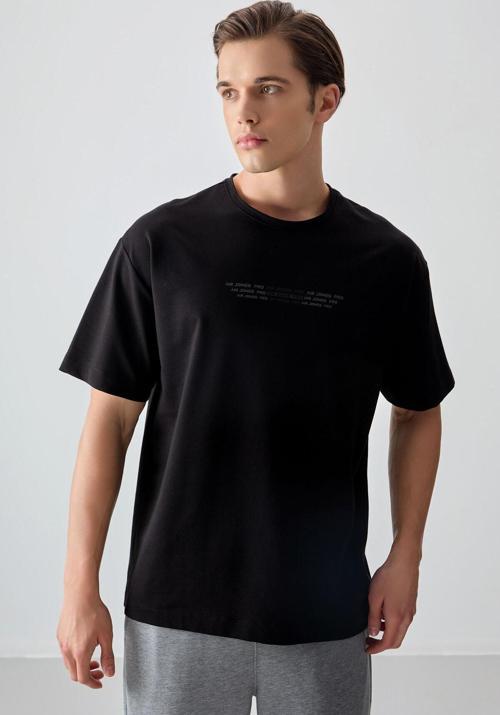 Siyah Pamuklu Kalın Yumuşak Dokulu Oversize Fit Baskılı Erkek T-Shirt - 88374