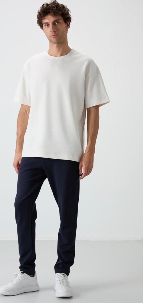 Ekru - Lacivert Pamuklu Kalın Yumuşak Dokulu Oversize Fit Basic Erkek Eşofman Takım - 85251