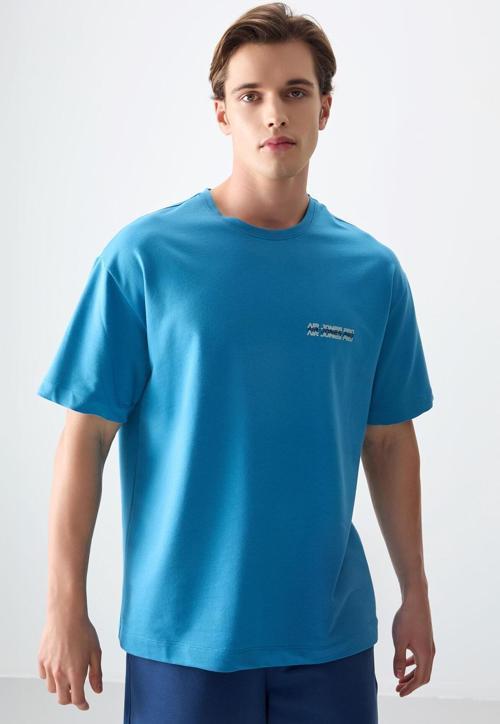 Petrol Mavi Pamuklu Kalın Yumuşak Dokulu Oversize Fit Baskılı Erkek T-Shirt - 88375