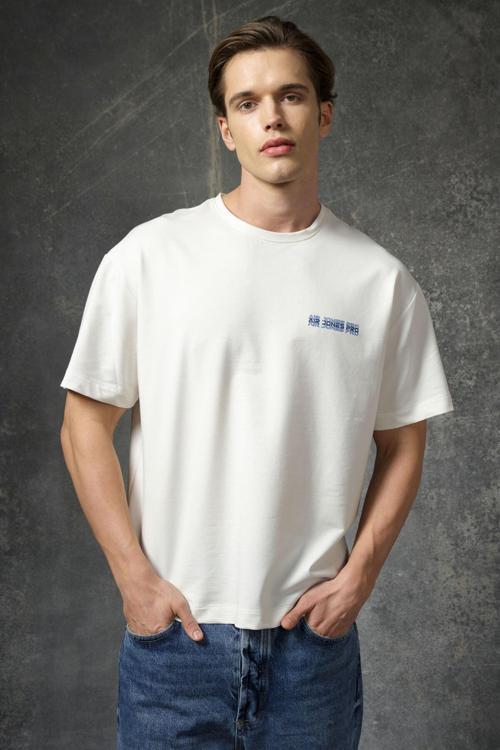 Ekru Pamuklu Kalın Yumuşak Dokulu Oversize Fit Baskılı Erkek T-Shirt - 88375