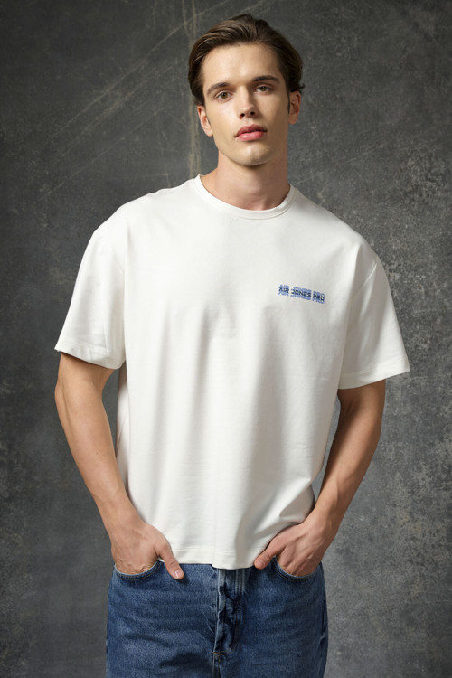 Ekru Pamuklu Kalın Yumuşak Dokulu Oversize Fit Baskılı Erkek T-Shirt - 88375