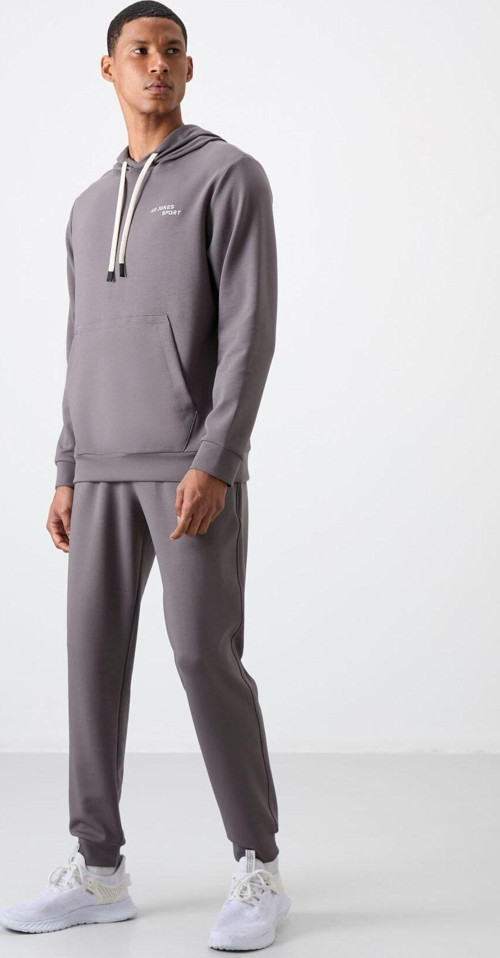 Koyu Gri Pamuklu Kalın Yumuşak Dokulu Comfort Fit Nakışlı Erkek Eşofman Takım - 85255