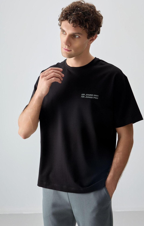 Siyah Pamuklu Kalın Yumuşak Dokulu Oversize Fit Baskılı Erkek T-Shirt - 88375