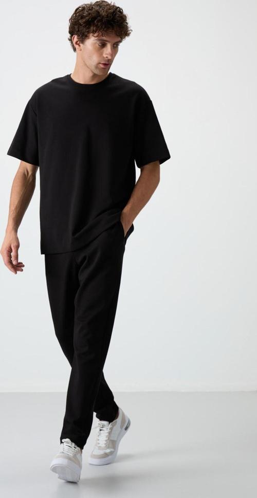 Siyah Pamuklu Kalın Yumuşak Dokulu Oversize Fit Basic Erkek Eşofman Takım - 85251