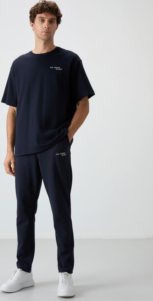 Lacivert Pamuklu Kalın Yumuşak Dokulu Oversize Fit Nakışlı Erkek Eşofman Takım - 85252