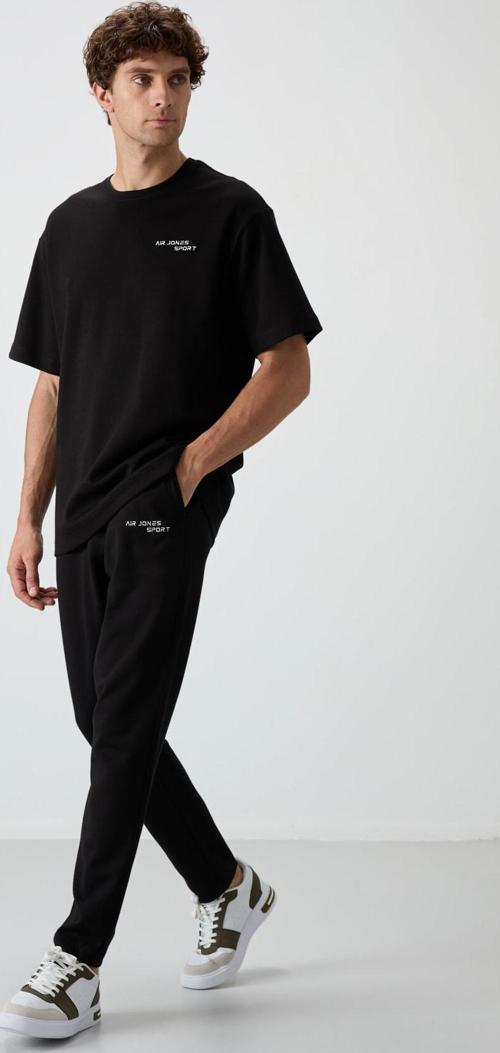 Siyah Pamuklu Kalın Yumuşak Dokulu Oversize Fit Nakışlı Erkek Eşofman Takım - 85252