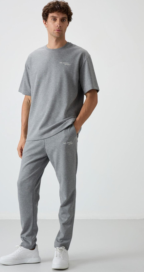 Gri Melanj Pamuklu Kalın Yumuşak Dokulu Oversize Fit Nakışlı Erkek Eşofman Takım - 85252