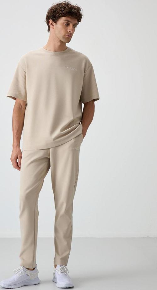 Bej Pamuklu Kalın Yumuşak Dokulu Oversize Fit Nakışlı Erkek Eşofman Takım - 85252