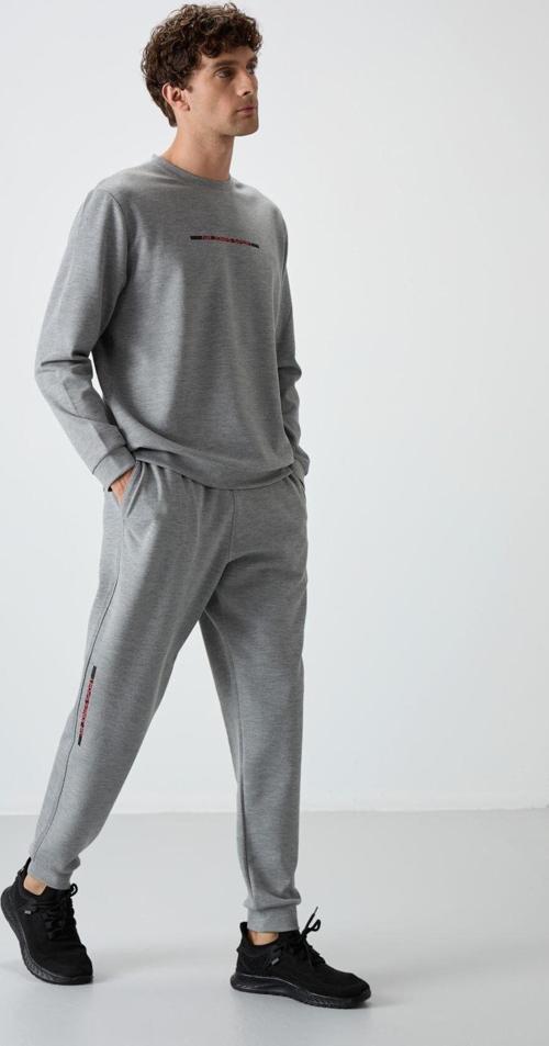 Gri Melanj Pamuklu Kalın Yumuşak Dokulu Comfort Fit Baskılı Erkek Eşofman Takım - 85239