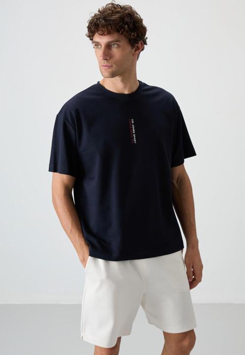 Lacivert Pamuklu Kalın Yüzeyi Dokulu Oversize Fit  Baskılı Erkek T-Shirt - 88368