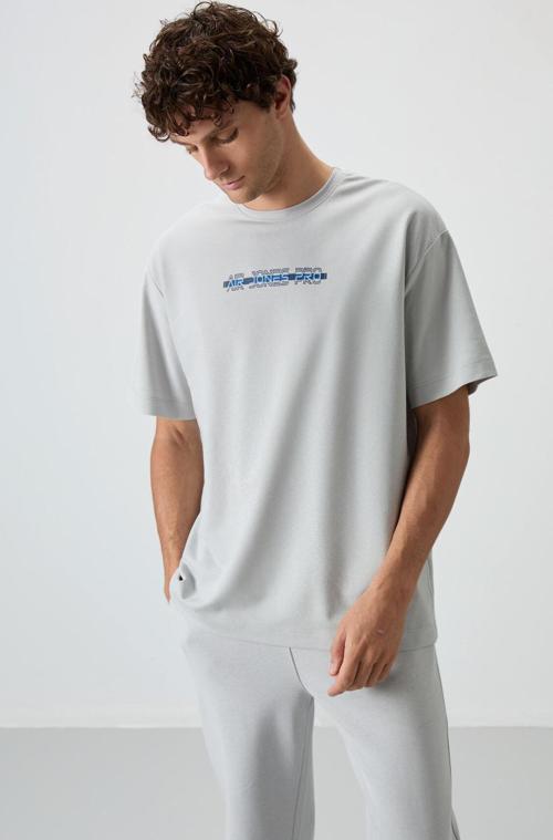 Taş Pamuklu Kalın Yüzeyi Dokulu Oversize Fit Baskılı Erkek T-Shirt - 88365