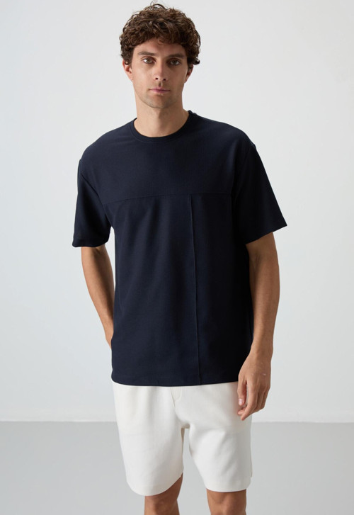 Lacivert Waffle İnterlok Yüzeyi Dokulu Oversize Fit Basic Erkek T-Shirt - 88380