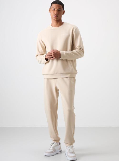 Bej Pamuklu Kalın Yumuşak Dokulu Comfort Fit Nakışlı Erkek Eşofman Takım - 85254