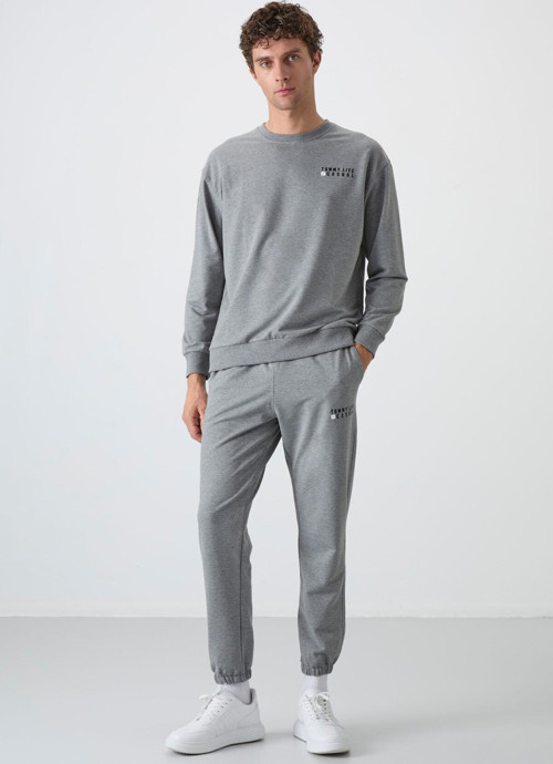 Gri Melanj Casual O Yaka Lastik Paça Pamuklu Erkek Oversize Eşofman Takımı - 85120