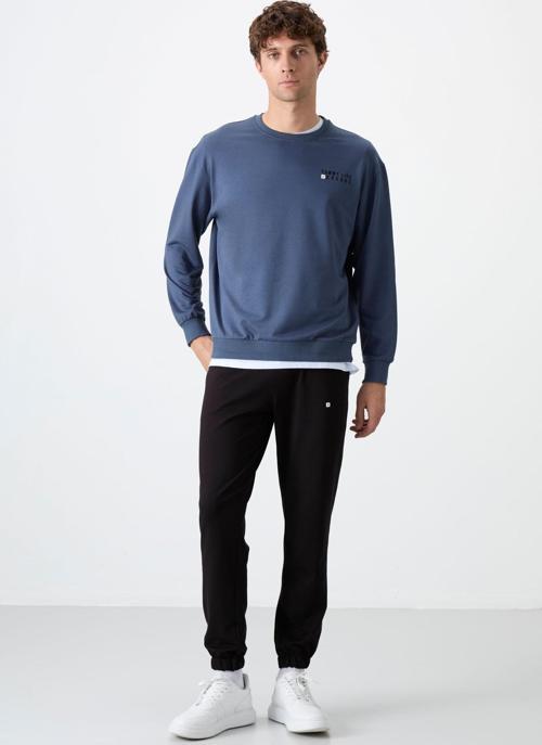 Petrol - Siyah Casual O Yaka Lastik Paça Pamuklu Erkek Oversize Eşofman Takımı - 85120