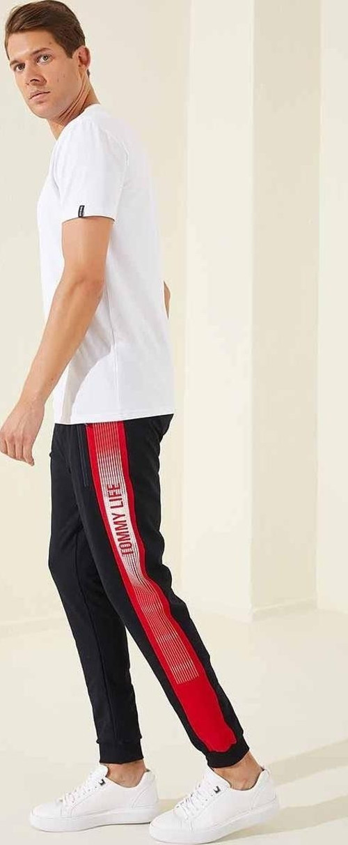 Lacivert - Kırmızı Fermuar Cepli Baskılı Standart Kalıp Jogger Erkek Eşofman Alt - 84657