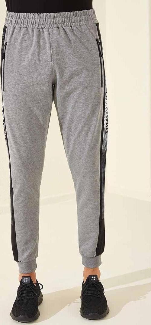 Gri Melanj Fermuar Cepli Baskılı Standart Kalıp Jogger Erkek Eşofman Alt - 84657