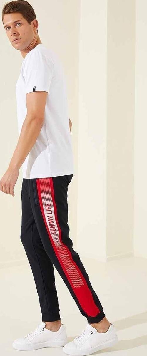 Lacivert - Kırmızı Fermuar Cepli Baskılı Standart Kalıp Jogger Erkek Eşofman Alt - 84657