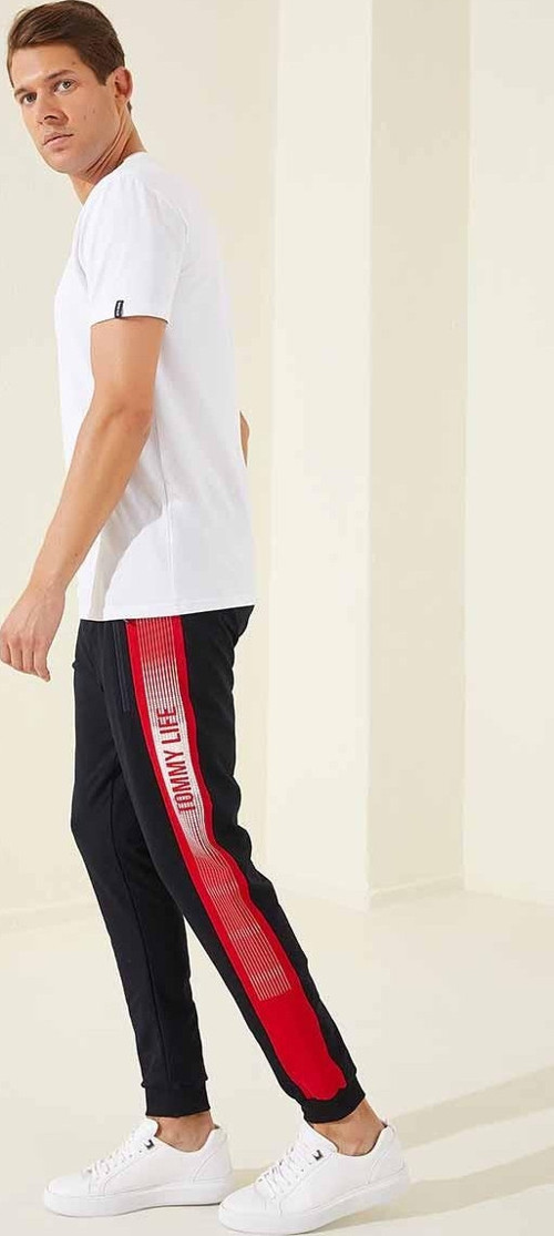Lacivert - Kırmızı Fermuar Cepli Baskılı Standart Kalıp Jogger Erkek Eşofman Alt - 84657