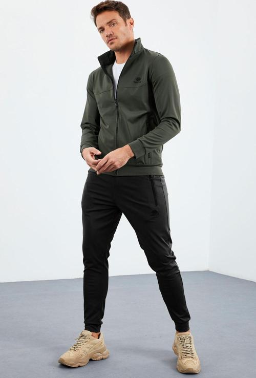 Haki-Siyah Dik Yaka Fermuarlı Standart Kalıp Manşetli Erkek Eşofman Takım - 85160