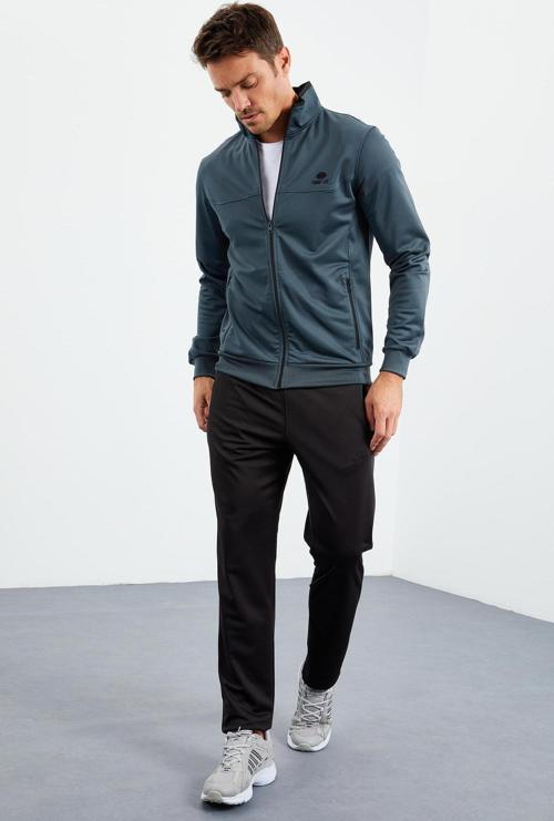 Orman Yeşil - Siyah Dik Yaka Fermuarlı Standart Kalıp Klasik Paça Erkek Eşofman Takımı  - 85162