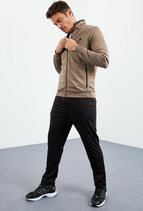 Camel - Siyah Dik Yaka Fermuarlı Standart Kalıp Klasik Paça Erkek Eşofman Takımı  - 85162