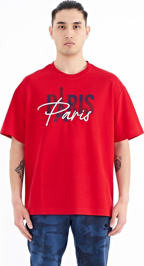 Kırmızı Yazı Nakışlı O Yaka Oversize Erkek T-Shirt - 88223