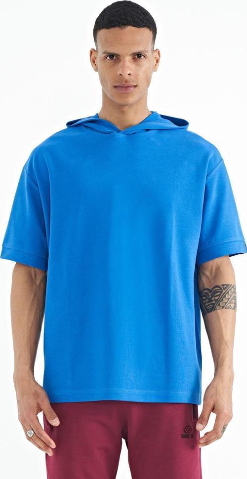 Saks Kapüşonlu Kol Etiket Detaylı Oversize Erkek T-shirt - 88179