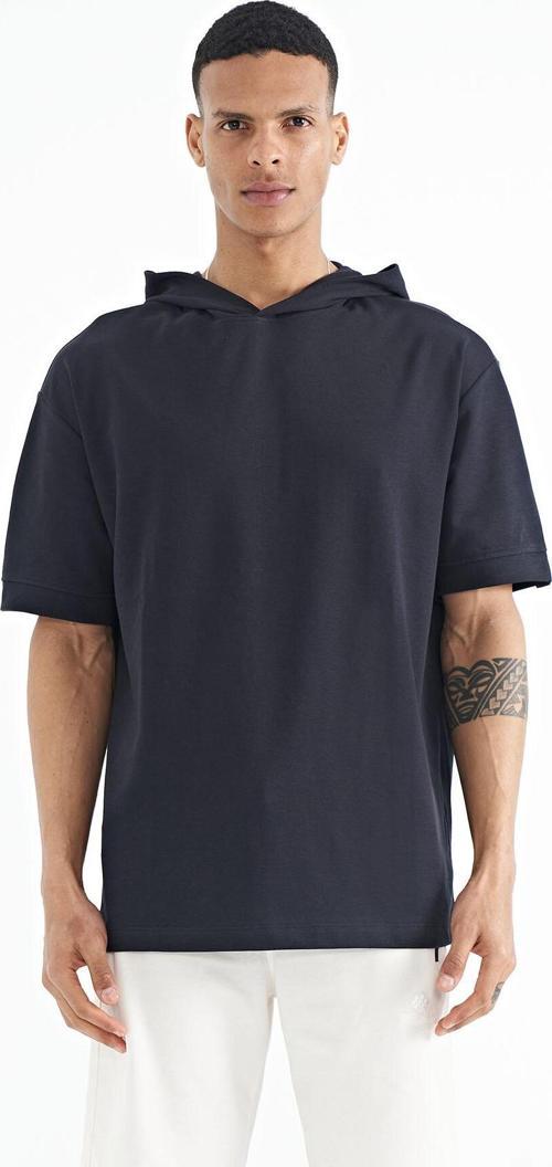 Lacivert Kapüşonlu Kol Etiket Detaylı Oversize Erkek T-shirt - 88179
