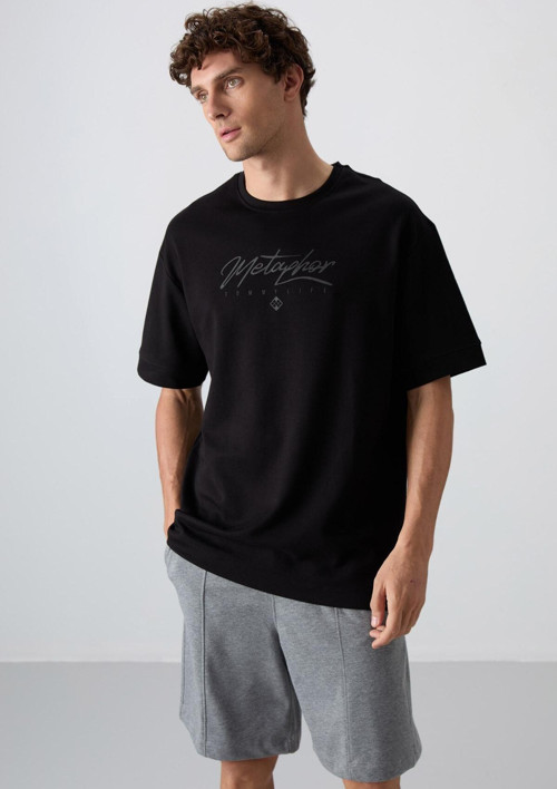 Siyah Pamuklu Kalın Yumuşak Dokulu Oversize Fit Baskılı Erkek T-Shirt - 88320