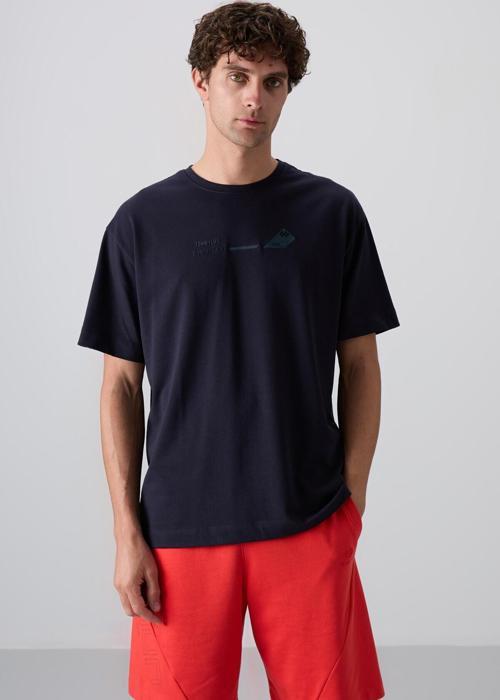 Lacivert Pamuklu Kalın Yumuşak Dokulu Oversize Fit Baskılı Erkek T-Shirt - 88330