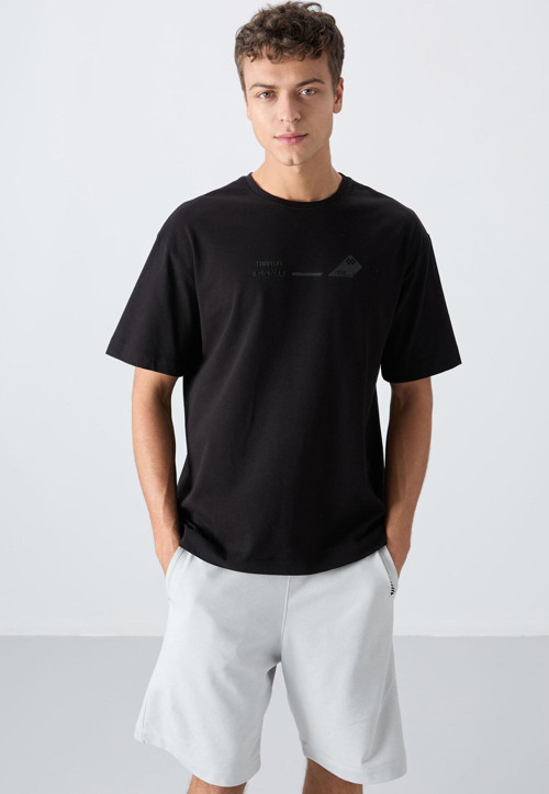 Siyah Pamuklu Kalın Yumuşak Dokulu Oversize Fit Baskılı Erkek T-Shirt - 88330