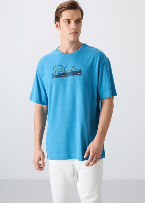 Petrol Mavi Pamuklu Kalın Yumuşak Dokulu Oversize Fit Baskılı Erkek T-Shirt - 88334